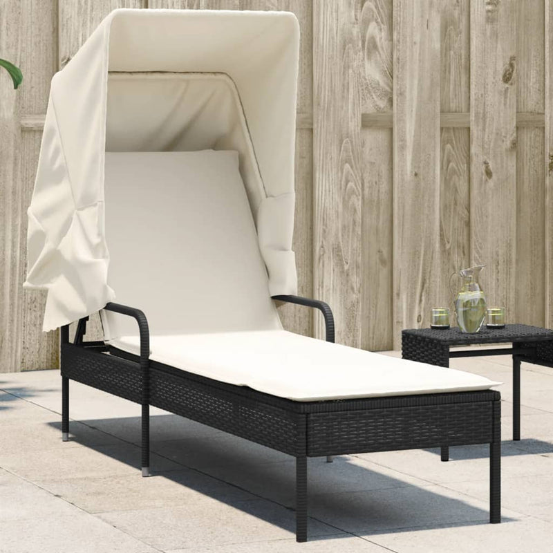 vidaXL Sun Lounger with Canopy Black Poly Rattan