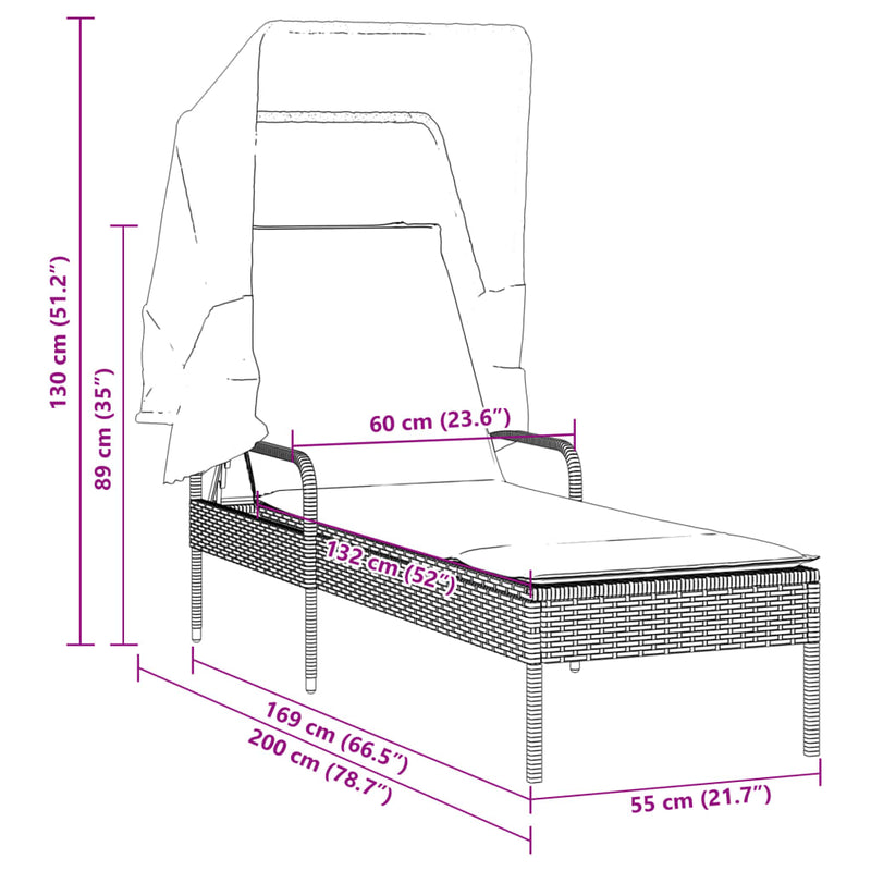 vidaXL Sun Lounger with Canopy Grey Poly Rattan