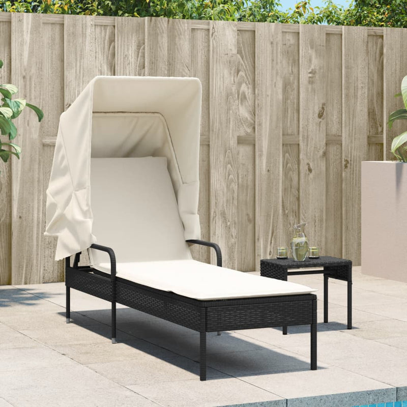 vidaXL Sun Lounger with Canopy and Table Black Poly Rattan