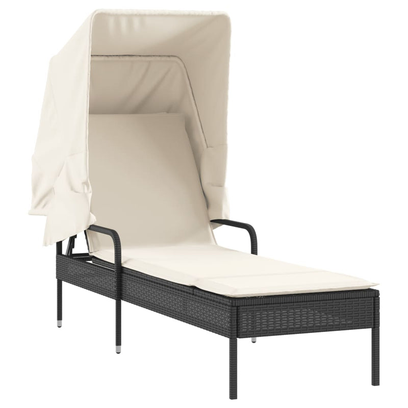 vidaXL Sun Lounger with Canopy and Table Black Poly Rattan
