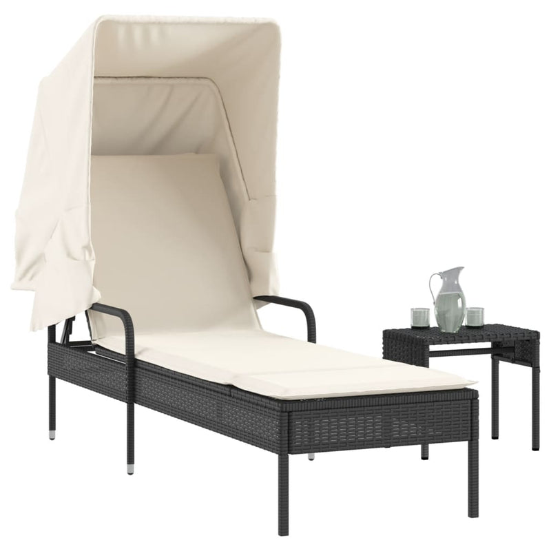 Sun Lounger with Canopy and Table Black Poly Rattan