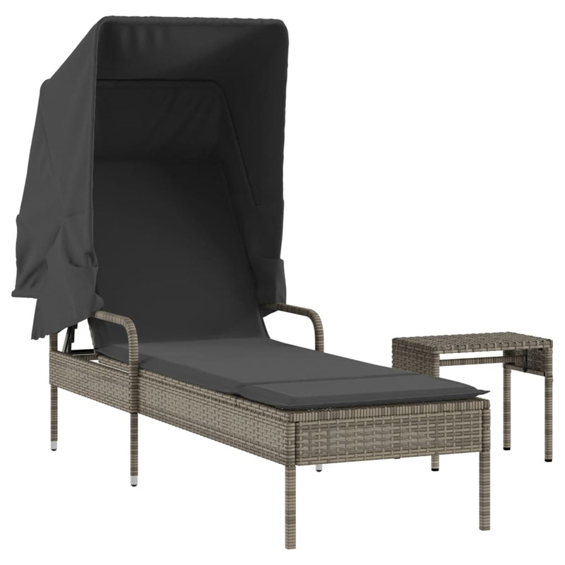 Sun Lounger with Canopy and Table Grey Poly Rattan