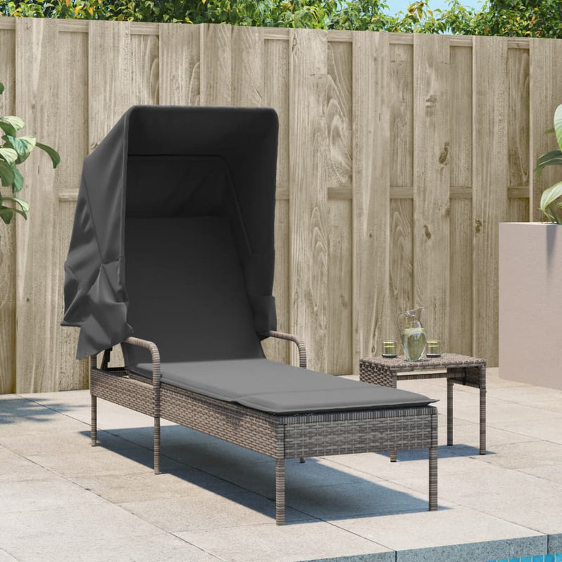 Sun Lounger with Canopy and Table Grey Poly Rattan