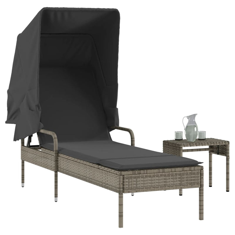 vidaXL Sun Lounger with Canopy and Table Grey Poly Rattan