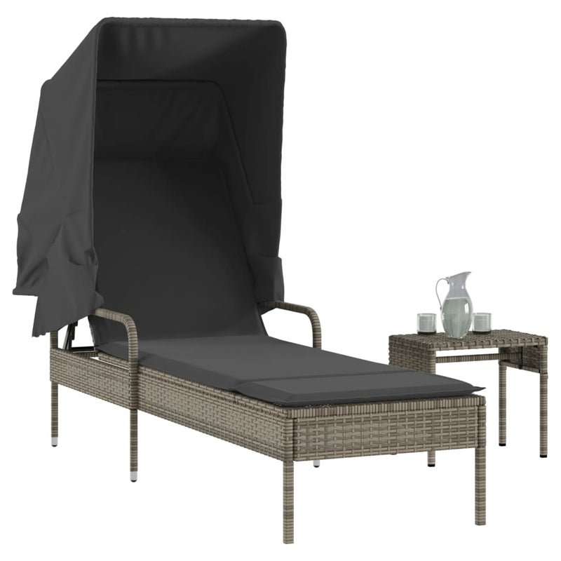 Sun Lounger with Canopy and Table Grey Poly Rattan