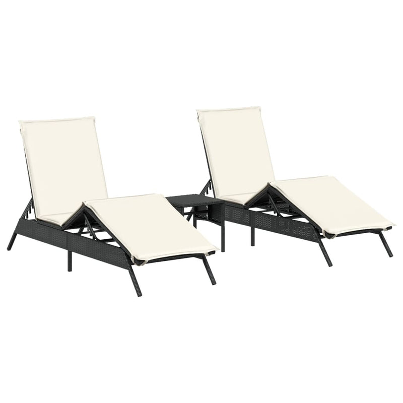 vidaXL Sun Loungers 2 pcs with Table Black Poly Rattan