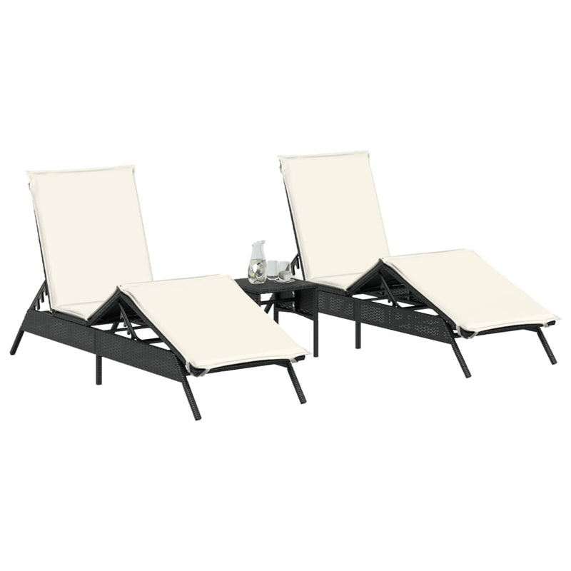 vidaXL Sun Loungers 2 pcs with Table Black Poly Rattan