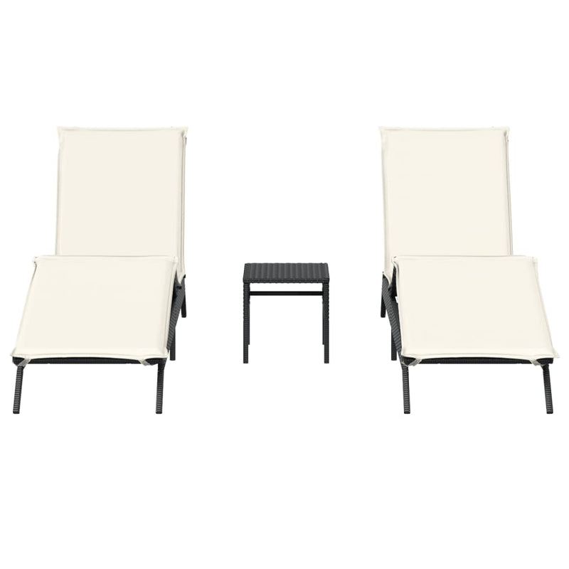 vidaXL Sun Loungers 2 pcs with Table Black Poly Rattan