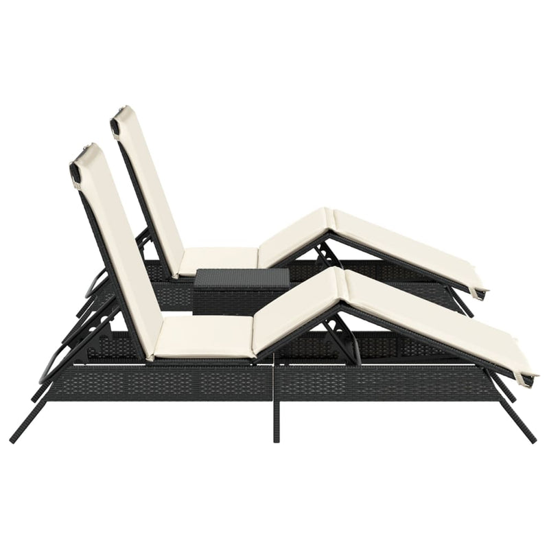 vidaXL Sun Loungers 2 pcs with Table Black Poly Rattan