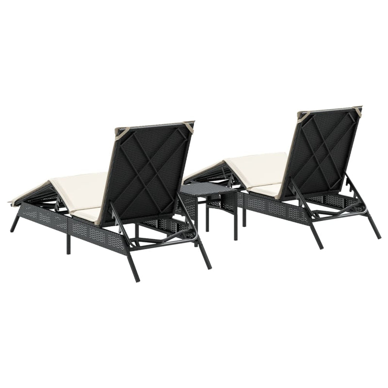 vidaXL Sun Loungers 2 pcs with Table Black Poly Rattan