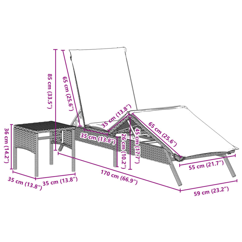 vidaXL Sun Loungers 2 pcs with Table Black Poly Rattan