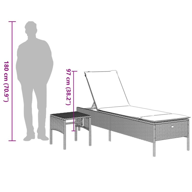 vidaXL Sun Lounger with Table and Cushion Black Poly Rattan