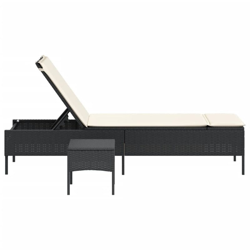 vidaXL Sun Lounger with Table and Cushion Black Poly Rattan