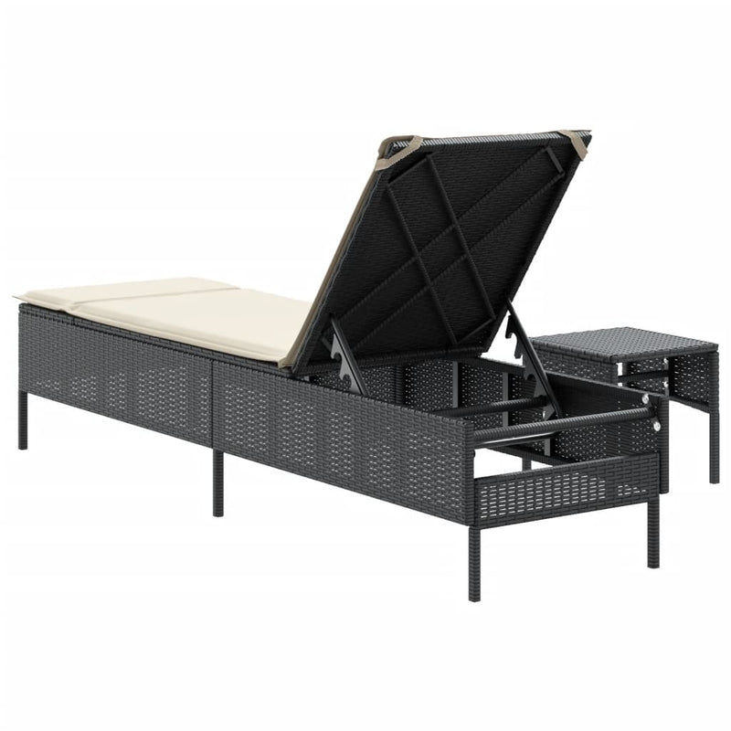 vidaXL Sun Lounger with Table and Cushion Black Poly Rattan