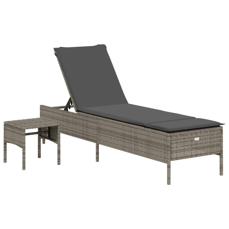 vidaXL Sun Lounger with Table and Cushion Grey Poly Rattan