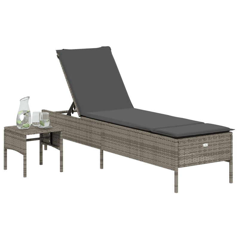 vidaXL Sun Lounger with Table and Cushion Grey Poly Rattan