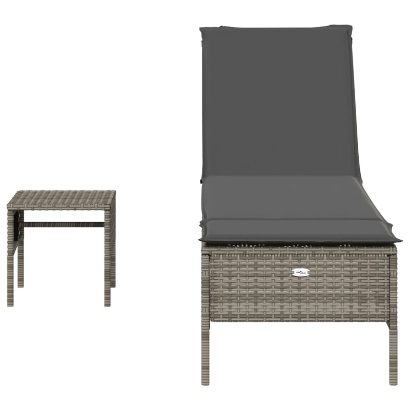 vidaXL Sun Lounger with Table and Cushion Grey Poly Rattan