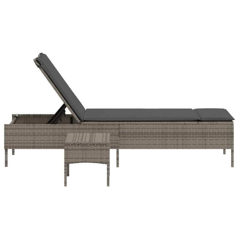 vidaXL Sun Lounger with Table and Cushion Grey Poly Rattan