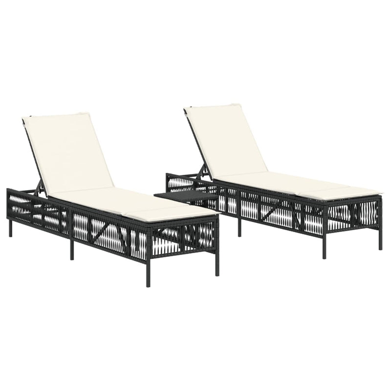 vidaXL Sun Loungers 2 pcs with Table Black Poly Rattan