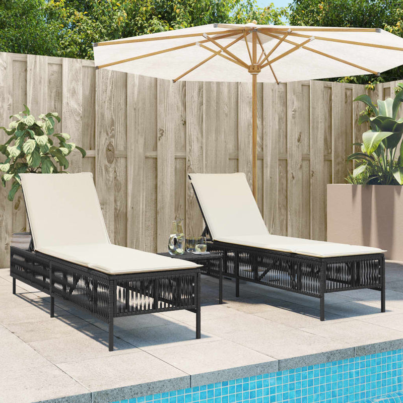 vidaXL Sun Loungers 2 pcs with Table Black Poly Rattan