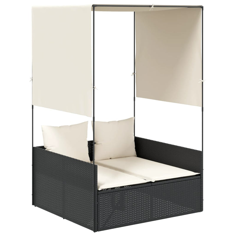vidaXL Double Sun Lounger with Roof and Curtains Black Poly Rattan
