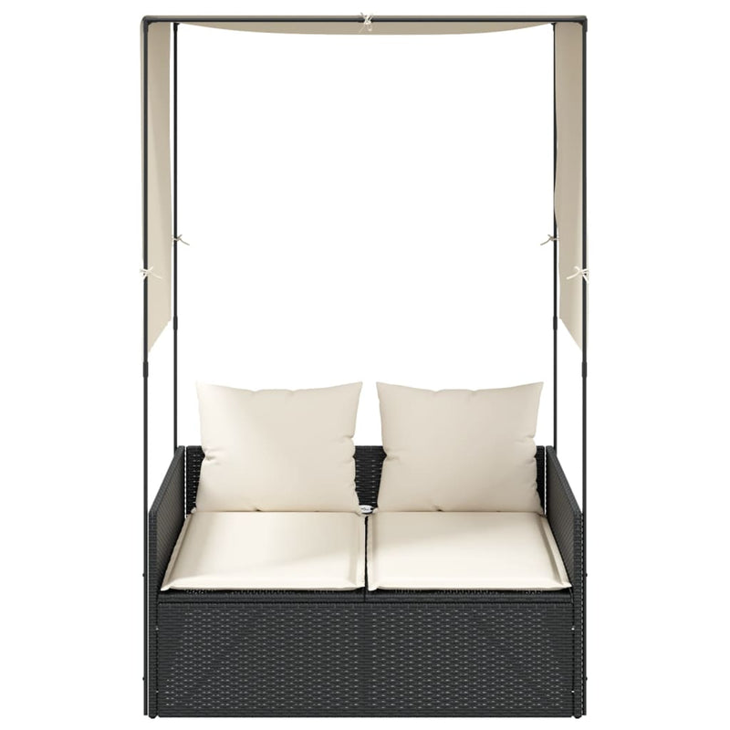 vidaXL Double Sun Lounger with Roof and Curtains Black Poly Rattan