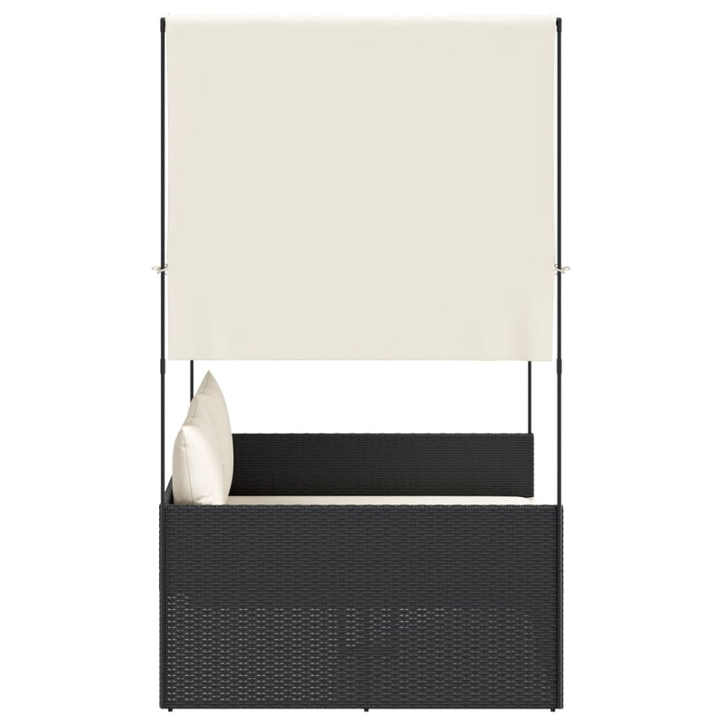 vidaXL Double Sun Lounger with Roof and Curtains Black Poly Rattan