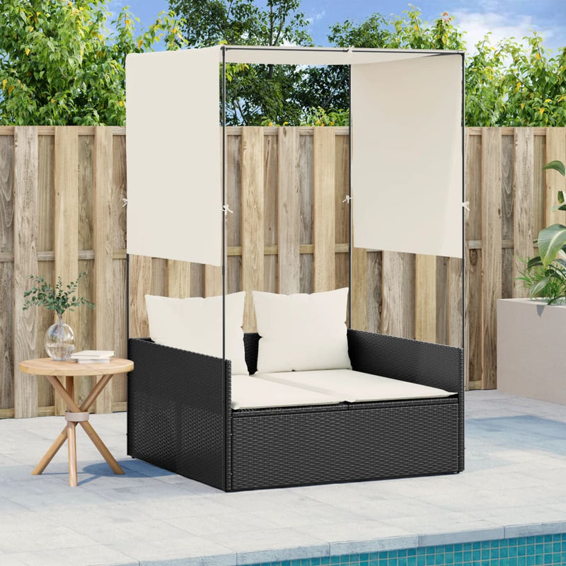 vidaXL Double Sun Lounger with Roof and Curtains Black Poly Rattan