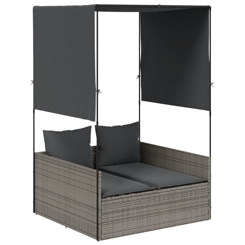 vidaXL Double Sun Lounger with Roof and Curtains Grey Poly Rattan