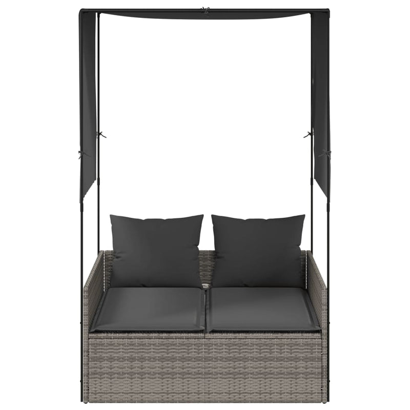 vidaXL Double Sun Lounger with Roof and Curtains Grey Poly Rattan