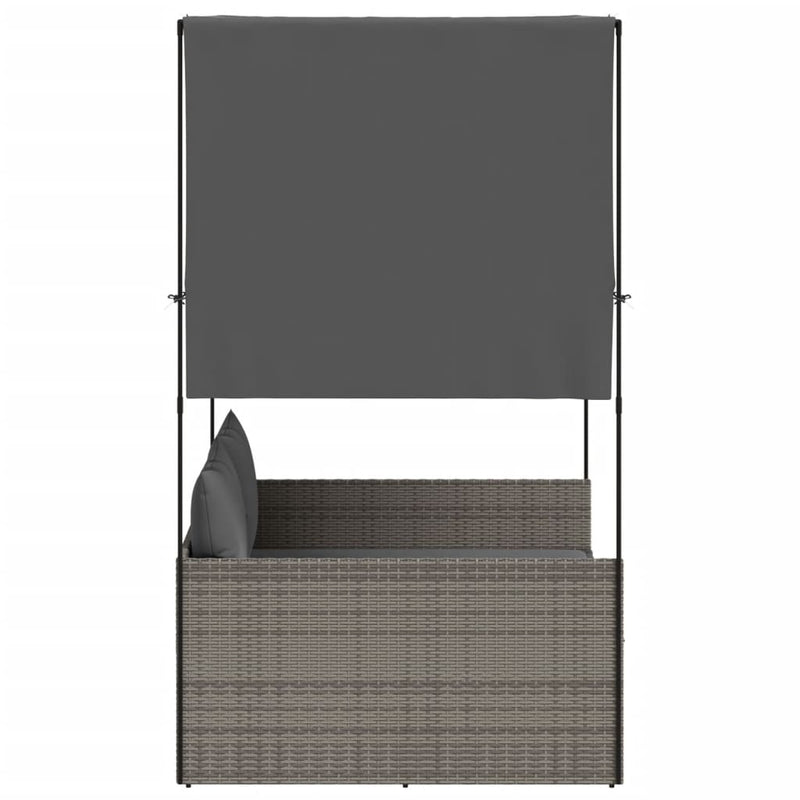 vidaXL Double Sun Lounger with Roof and Curtains Grey Poly Rattan