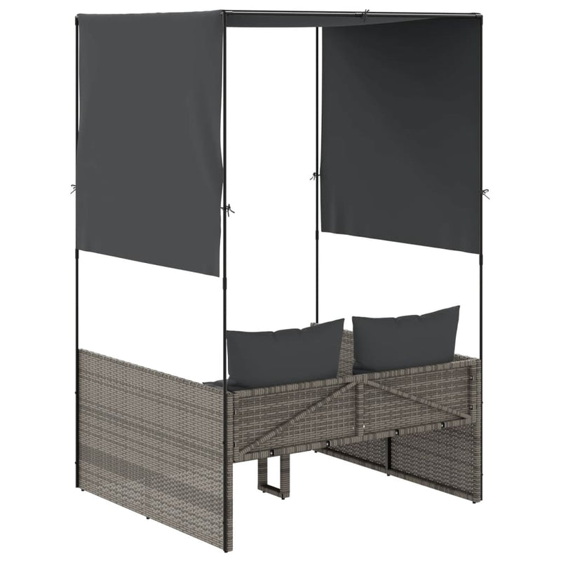 vidaXL Double Sun Lounger with Roof and Curtains Grey Poly Rattan