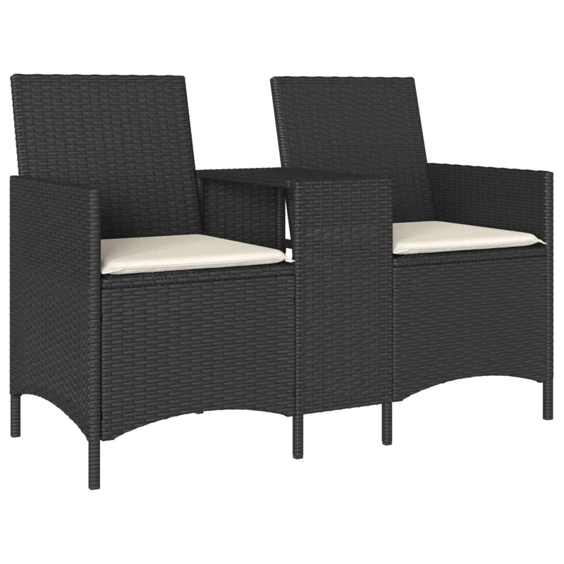Garden Sofa 2-Seater with Table and Cushions Black Poly Rattan
