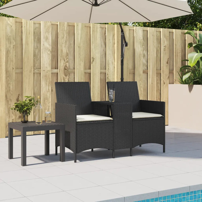 Garden Sofa 2-Seater with Table and Cushions Black Poly Rattan