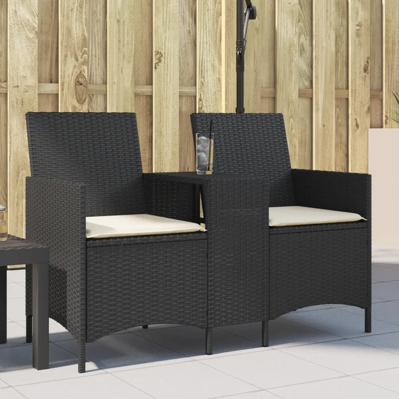 Garden Sofa 2-Seater with Table and Cushions Black Poly Rattan