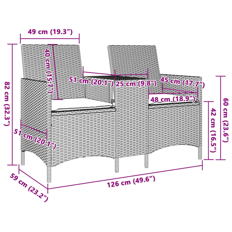 Garden Sofa 2-Seater with Table and Cushions Grey Poly Rattan