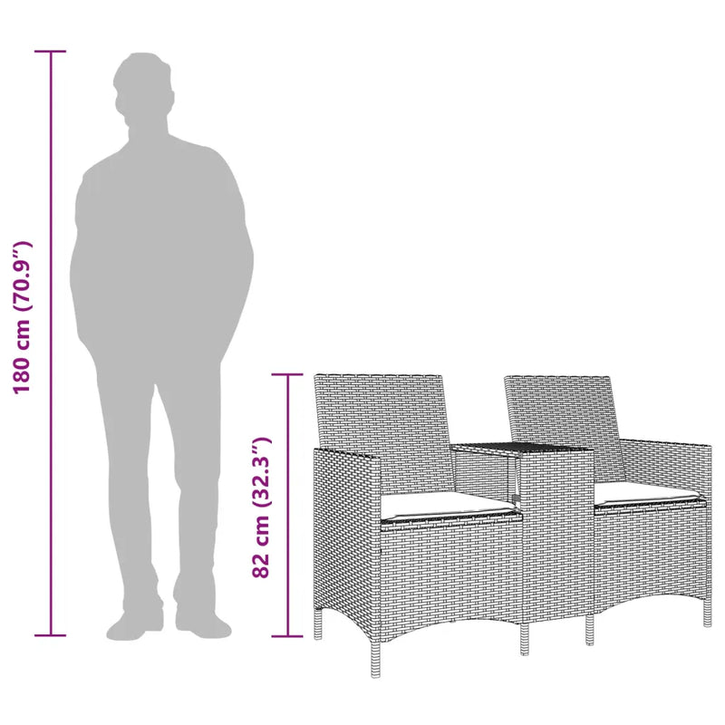 Garden Sofa 2-Seater with Table and Cushions Grey Poly Rattan