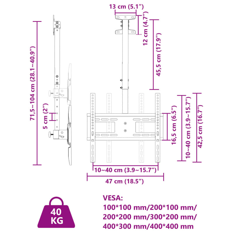 vidaXL TV Ceiling Mount for 32-65 Inch Screen Max VESA 400x400 mm 40kg