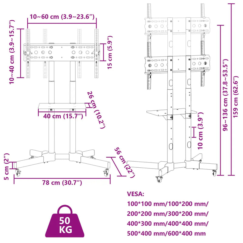 TV Stand on Wheels 32-70 Inch Screen Max VESA 600x400 mm 50kg