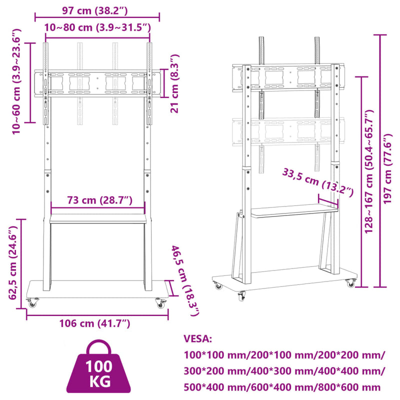 vidaXL TV Stand on Wheels 32-90 Inch Screen Max VESA 800x600 mm 100kg