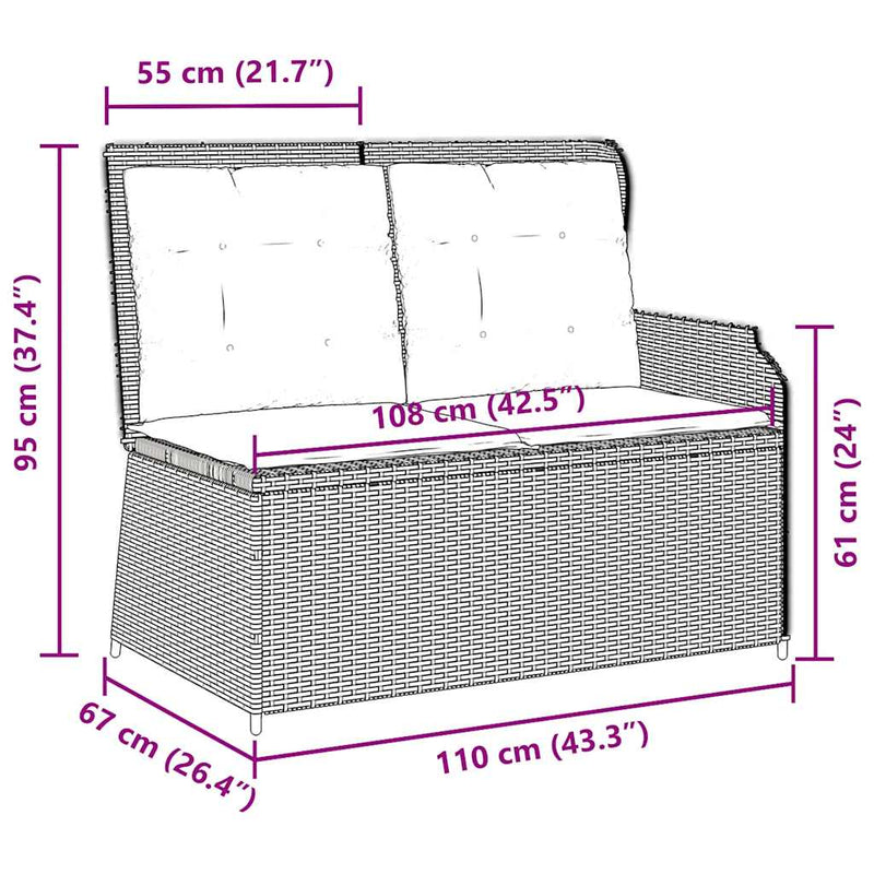 vidaXL Reclining Garden Bench with Cushions Grey Poly Rattan