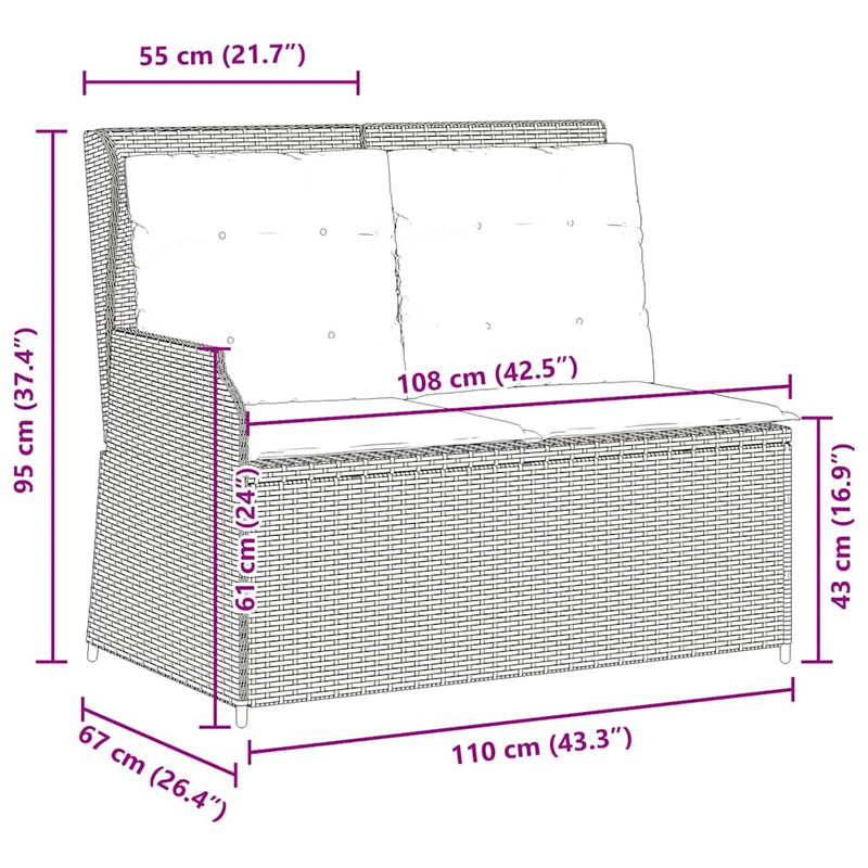 vidaXL Reclining Garden Bench with Cushions Grey Poly Rattan