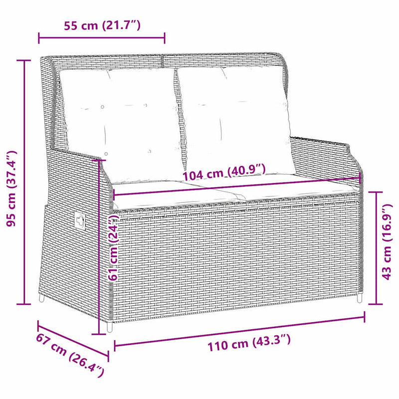 vidaXL Reclining Garden Bench with Cushions Grey Poly Rattan