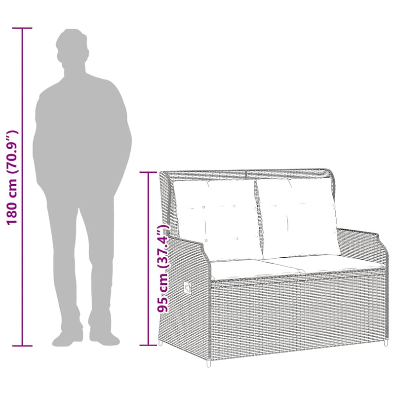 vidaXL Reclining Garden Bench with Cushions Grey Poly Rattan