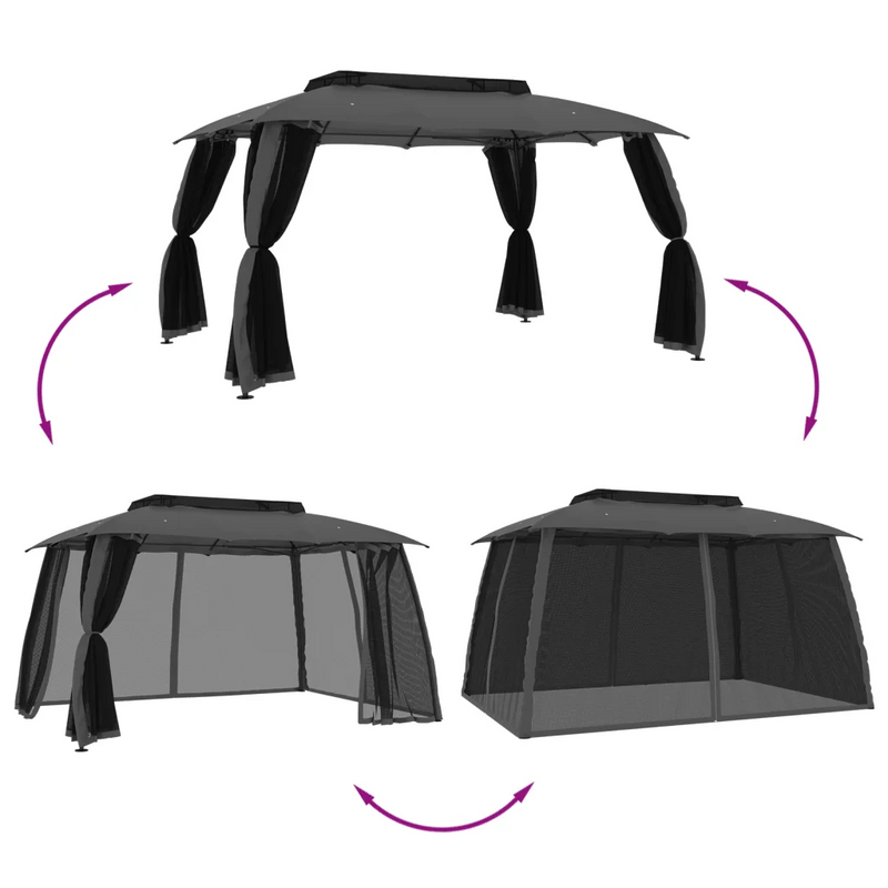 Gazebo with Double Roof&Mesh Walls Anthracite 3.93x2.93 m Steel