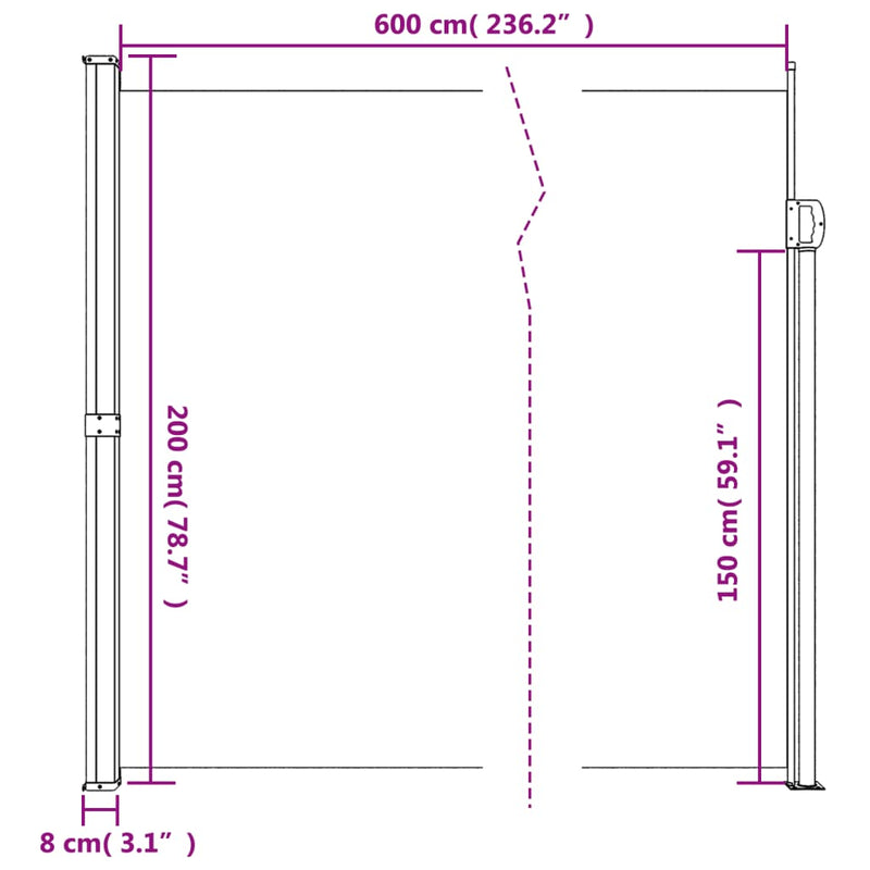 vidaXL Retractable Side Awning Black 200x600 cm