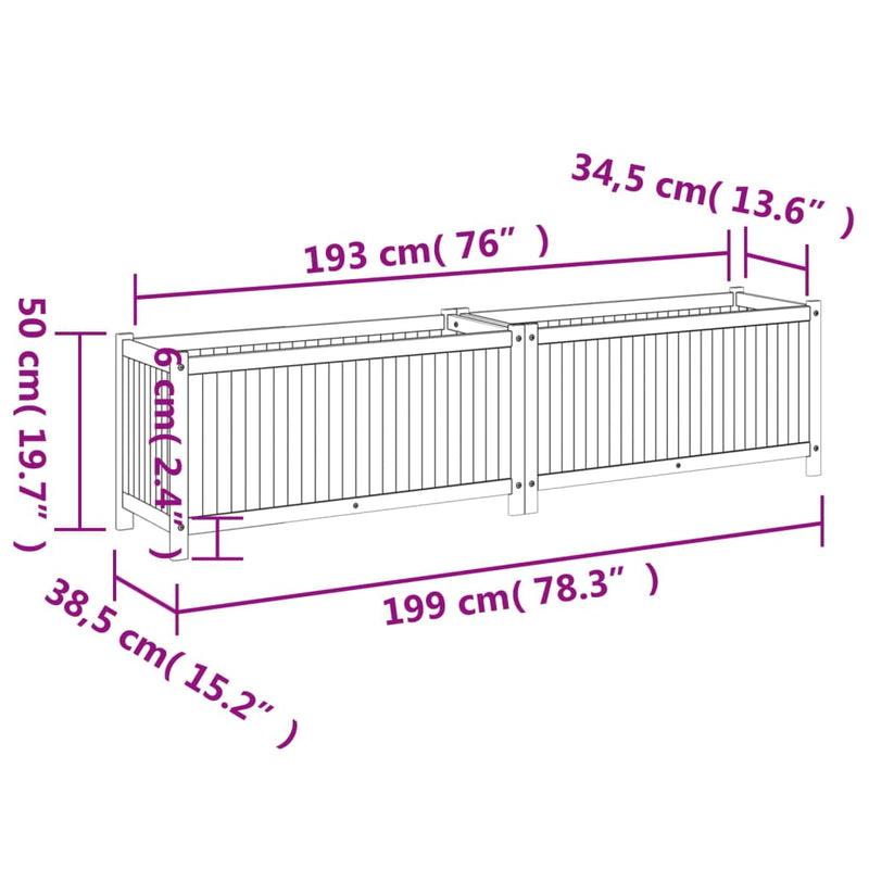 vidaXL Garden Planter with Liner 199x38.5x50 cm Solid Wood Acacia