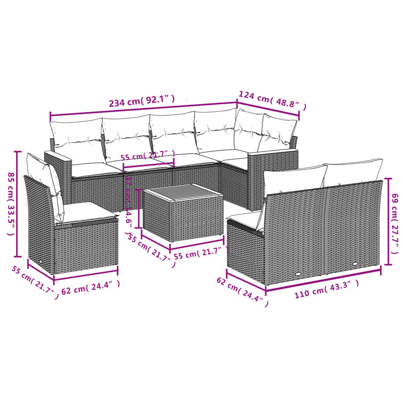 vidaXL 9 Piece Garden Sofa Set with Cushions Grey Poly Rattan