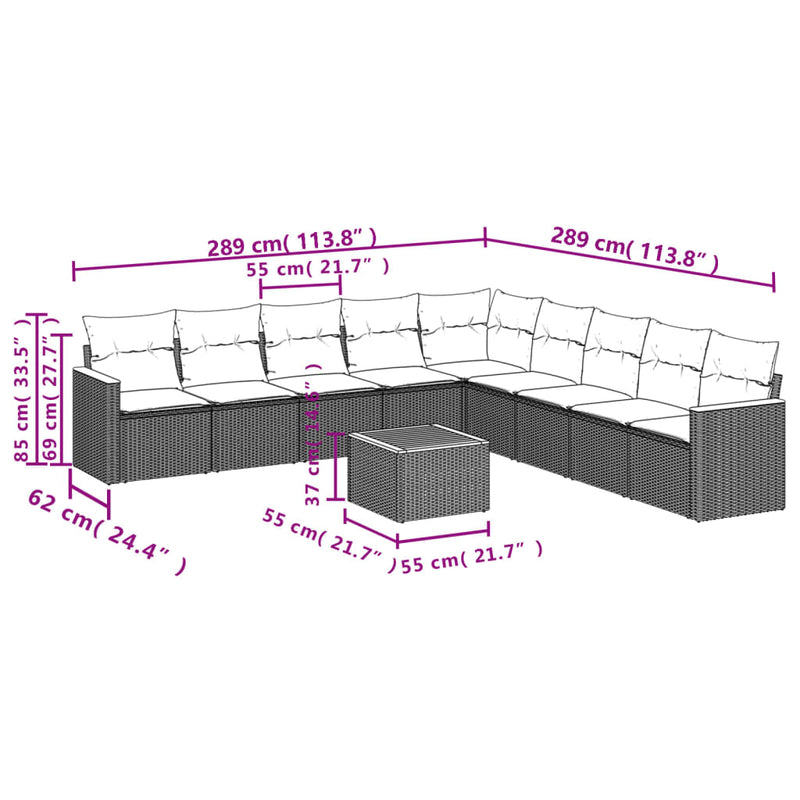 vidaXL 10 Piece Garden Sofa Set with Cushions Grey Poly Rattan