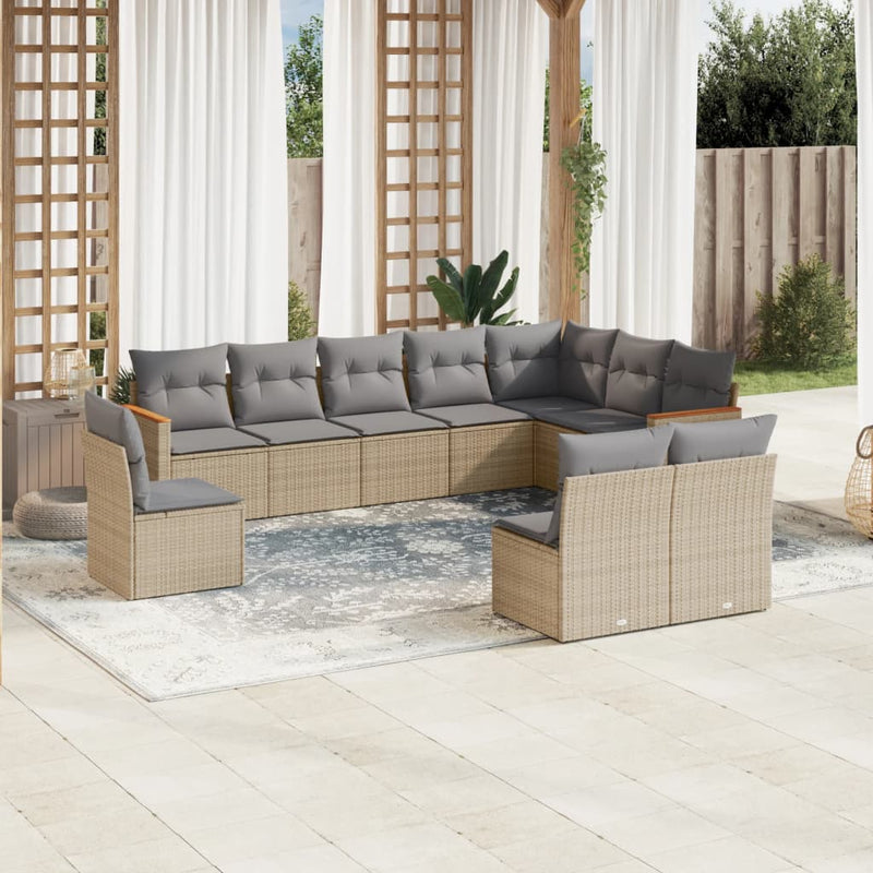 10 Piece Garden Sofa Set with Cushions Mix Beige Poly Rattan